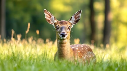 Wall Mural - Beautiful young deer gracefully resting in a vibrant green forest with soft sunlight filtering through trees : Generative AI