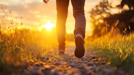 Fototapete - Man leisurely strolling along a gravel path surrounded by nature during a stunning sunset : Generative AI