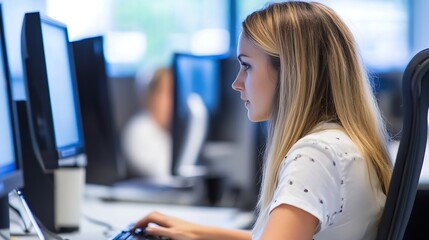 Fototapete - Concentrated young woman working on a computer in a bright office setting with multiple screens and focus : Generative AI