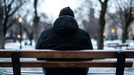 Wall Mural - Man sitting on a park bench surrounded by trees in winter contemplating life's path : Generative AI