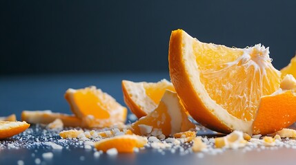 Aufkleber - Juicy orange slices and peels scattered on a dark surface capturing their vibrant color and texture : Generative AI