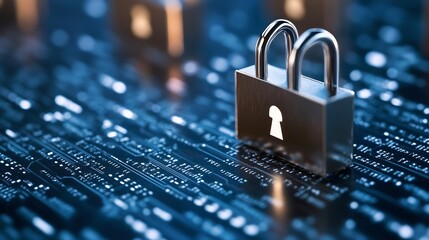 Leinwandbilder - Digital security concept with a shiny padlock on a dark binary background showcasing data protection : Generative AI