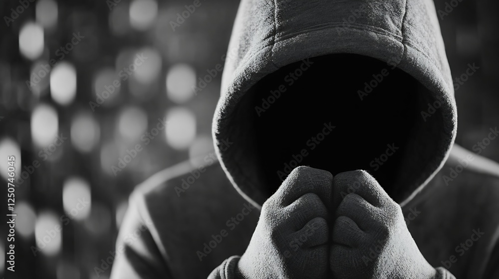 Mysterious hooded figure with obscured face in a black and white ...