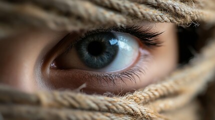 Aufkleber - A closeup of a captivating blue eye partially obscured by rope representing confinement and beauty : Generative AI
