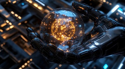 Robotic hand holding glowing glass sphere.