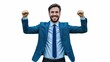 © AimasterPhoto - A portrait of a joyful, successful businessman celebrating his achievement with arms raised in a powerful display of confidence and success.Generative ai illustration