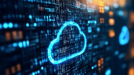 Fototapete - Futuristic digital cloud technology concept with glowing cloud symbol on binary code background : Generative AI