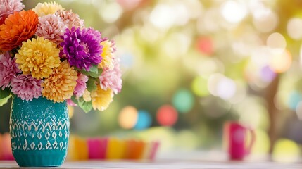 Poster - Vibrant and Colorful Flower Arrangement in a Decorative Vase Set Against a Soft Bokeh Background : Generative AI