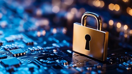 Fototapete - Sleek golden padlock on a computer circuit board illustrating advanced data protection and security technology : Generative AI