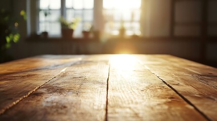 Wall Mural - The warm glow of the setting sun illuminating a rustic wooden table creating a cozy and inviting atmosphere : Generative AI