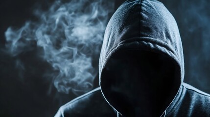 Poster - Dark silhouette of a person in a hoodie with smoke background creating an enigmatic atmosphere : Generative AI