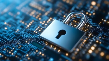 Poster - Hightech metallic padlock on a digital circuit board signifying cybersecurity and data protection : Generative AI