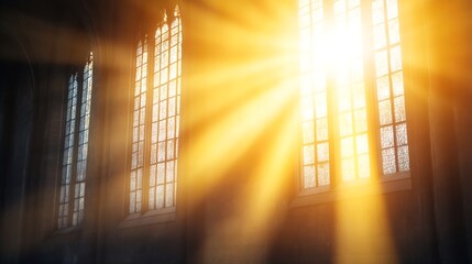 Fototapete - Beautiful rays of sunlight streaming through stained glass windows in an ancient church : Generative AI