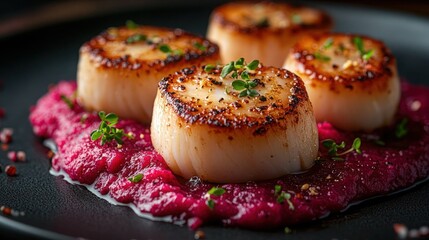 A modern twist on pan-seared seafood, featuring scallops paired with a roasted beet purée