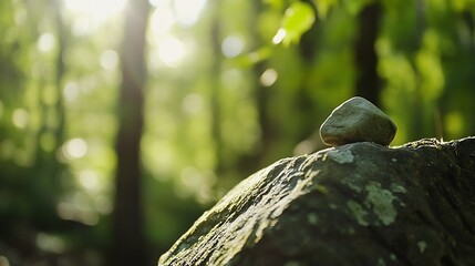 Aufkleber - Closeup of a single stone resting on a mossy rock illuminated by soft sunlight : Generative AI