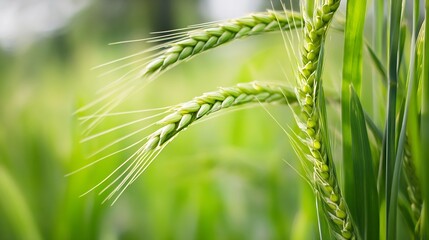 Wall Mural - Closeup view of ripe wheat ears swaying in the breeze against a backdrop of vibrant green fields : Generative AI