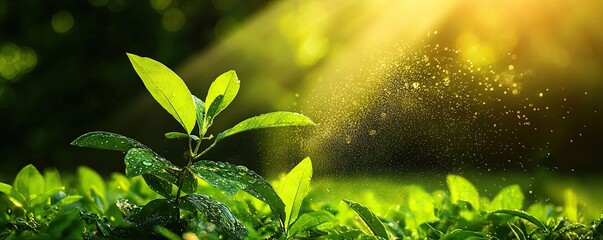 Wall Mural - spray droplet evaporation, fresh green plant growing in sunlight with gentle water spray creating a 