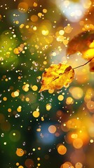 Wall Mural - Spray droplet evaporation, Vibrant Leaf with Raindrops Against a Sparkling Bokeh Background in Autumn Colors