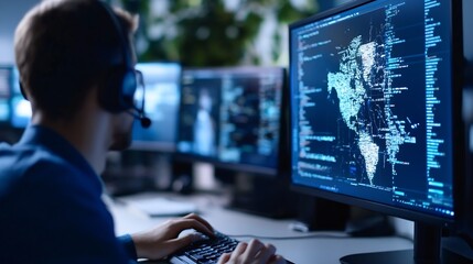 Fototapete - Technology professional working with multiple screens analyzing data for strategic decision making : Generative AI