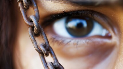 Poster - Closeup of a woman's eye with chains symbolizing emotional bonds and captivity : Generative AI