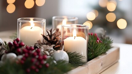 Poster - Elegant festive candle arrangement with pine cones and holiday decorations : Generative AI