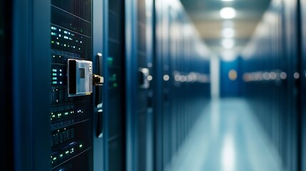 Fototapete - HighTech Data Center Aisle with Server Racks and LED Indicators in a Modern Facility : Generative AI