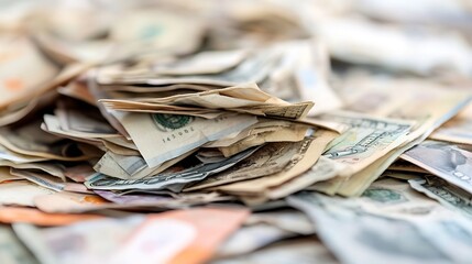 Poster - Close up view of an extensive collection of various currencies piled together on a surface : Generative AI
