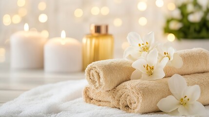 Poster - Relaxing Spa Setting with Soft Towels Candles and White Flowers for a Tranquil Atmosphere : Generative AI