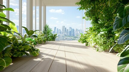 Wall Mural - modern apartment balcony with city view and lush greenery.
