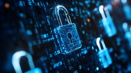 Fototapete - Multiple glowing digital padlocks against a backdrop of shifting binary code symbolizing cybersecurity and digital safety : Generative AI