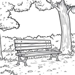 Summer Bench Scene Simple Coloring Book Page Illustration for Relaxation