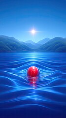 Wall Mural - spray water fine bright red sphere floating on calm blue water under clear sky with mountains and st