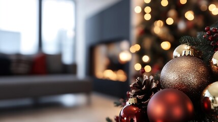 Aufkleber - Blurred Christmas Decor with Bokeh Lights and Cozy Interior : Generative AI