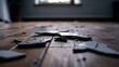 © Generative AI - Close up view of broken ceramic pieces scattered on wooden floor after an accident : Generative AI
