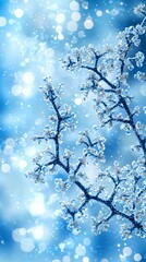 Sticker - Frozen blossoms, winter scene, icy branches, nature's beauty, background bokeh