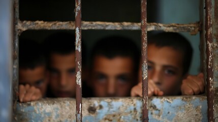 Aufkleber - Children Peering Through Rusty Bars in a Dimly Lit Environment Captured in a Candid Moment : Generative AI