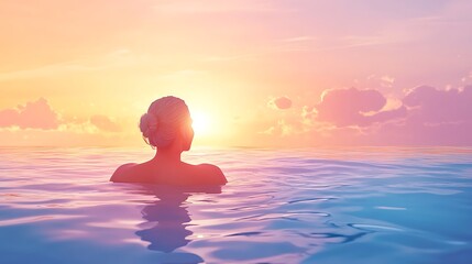 Canvas Print - Woman floats in ocean, watching sunset.