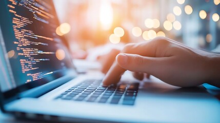 Poster - Focused programmer typing code on laptop with bright bokeh background symbolizing technology and innovation : Generative AI