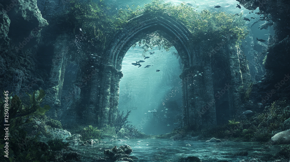 Cartoon underwater landscape with rock arch and seaweeds. Vector ...