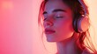© Aisha - Close-up of a young woman with headphones, her eyes closed, against a gradient background transitioning from pink to white.