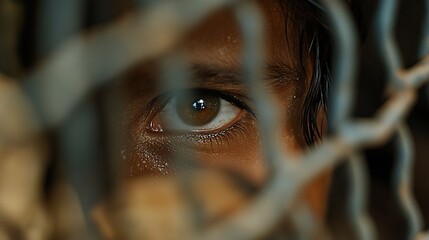 Poster - Close Up of a Young Boy's Eye Captured Through a Fence in a Dramatic Setting : Generative AI