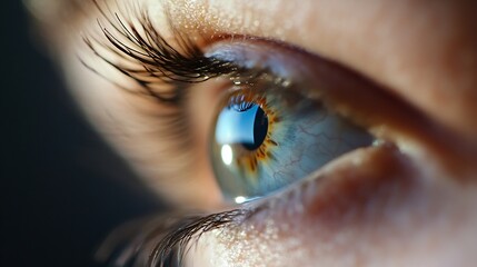 Poster - Extreme closeup of a human eye showcasing intricate details and vibrant colors with reflections captured : Generative AI