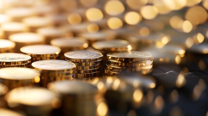 Aufkleber - Stacks of shiny gold coins reflecting light in an elegant arrangement : Generative AI