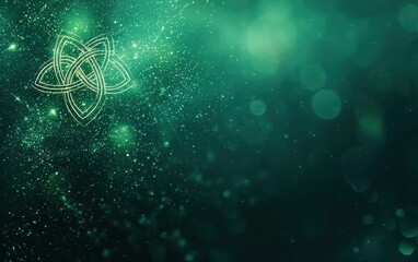 Wall Mural - Minimalistic dark emerald background with floating light sparkles and tiny Celtic knots for Saint Patricks Day, with space for text