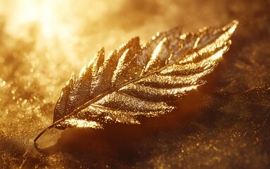 Canvas Print - Golden leaf on textured surface, radiant light, still life