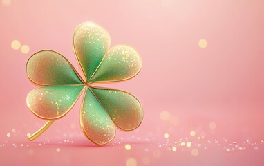 four-leaf clover with a golden outline and magical sparkles for Saint Patricks Day, on a pastel pink background