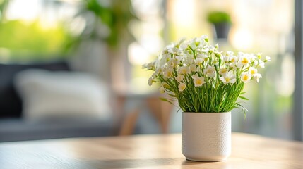 Poster - Charming Flower Arrangement in a White Pot with Green Blades Enhancing Modern Home Decor : Generative AI