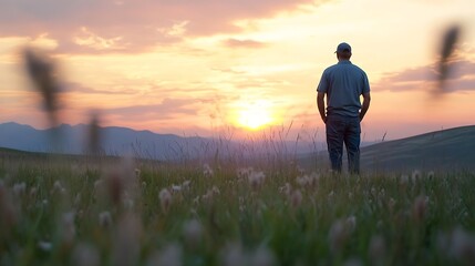 Canvas Print - Man Gazing at a Stunning Sunset Over Rolling Hills Surrounded by Nature's Beauty : Generative AI