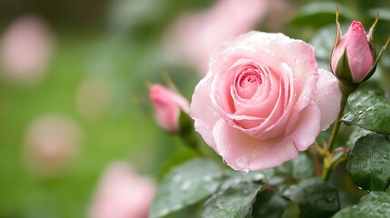 Poster - Beautiful Pink Rose with Raindrops Captured in a Lush Garden Setting : Generative AI