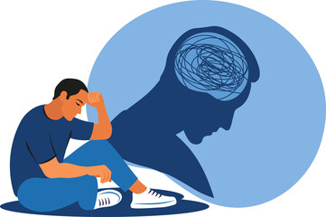 depressed man sitting on floor on transparent background. mental health concept. depression, bipolar